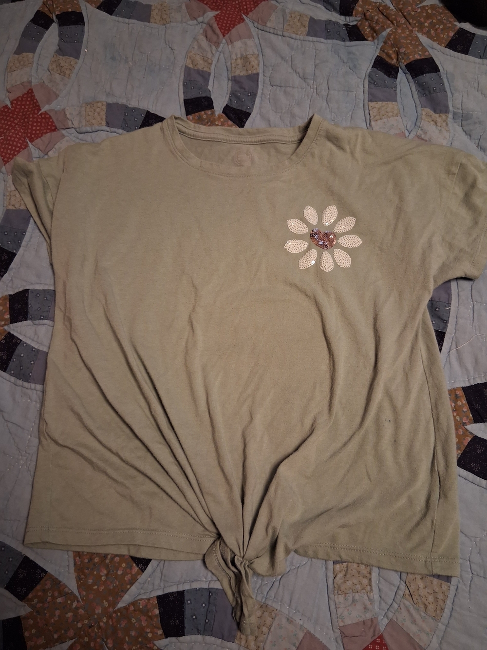 wonder nation Olive Green Short Sleeve Tee with Sequin Flower and Front Tie